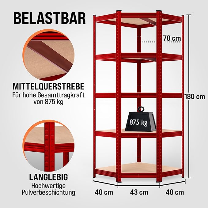 Ecklagerregal Schwerlastregal 180 x 70 x 40 cm 875 kg 5er MDF Regal Rot – 3