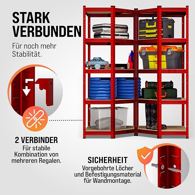 Ecklagerregal Schwerlastregal 180 x 70 x 40 cm 875 kg 5er MDF Regal Rot – 5