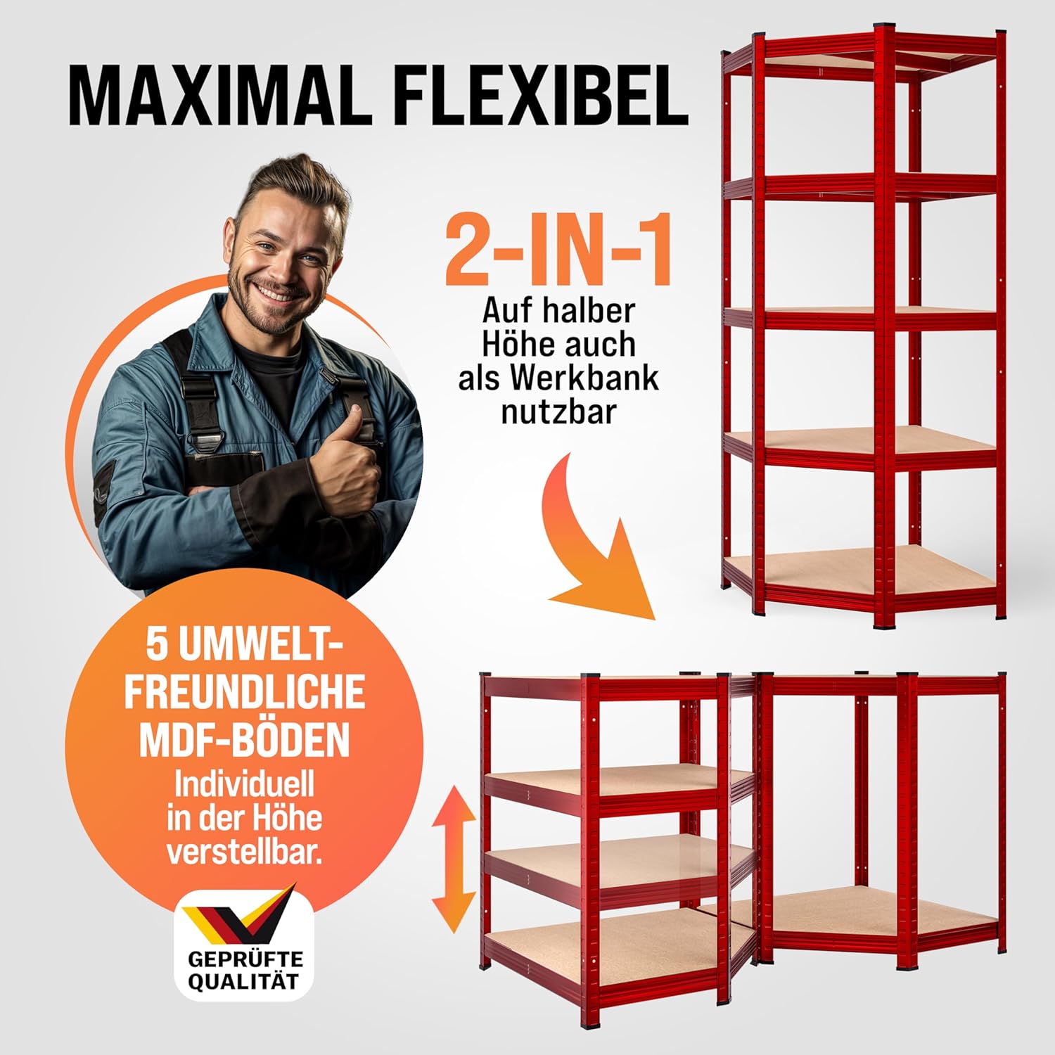 Ecklagerregal Schwerlastregal 180 x 70 x 40 cm 875 kg 5er MDF Regal Rot – Thumbnail 6