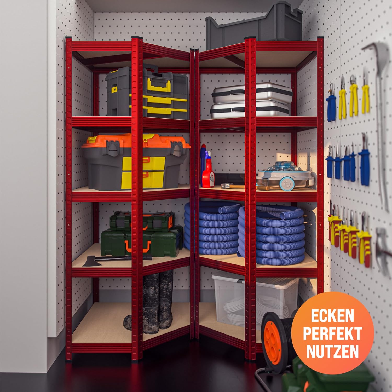 Ecklagerregal Schwerlastregal 180 x 70 x 40 cm 875 kg 5er MDF Regal Rot – Thumbnail 7