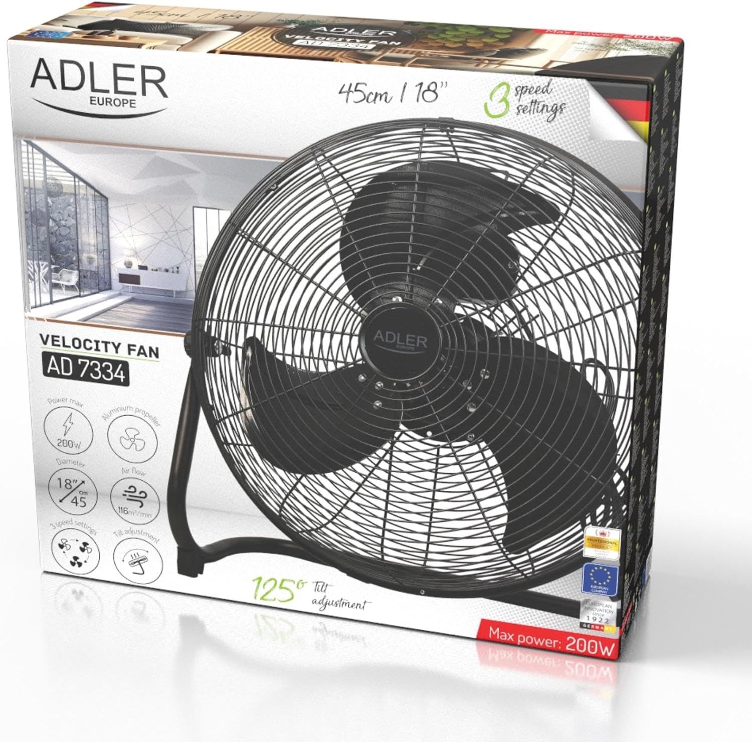 Ventilator Standventilator Windmaschine 45 cm 200 W Chrom 3 Geschwindigkeiten Aluminiumflügel leise – Thumbnail 14