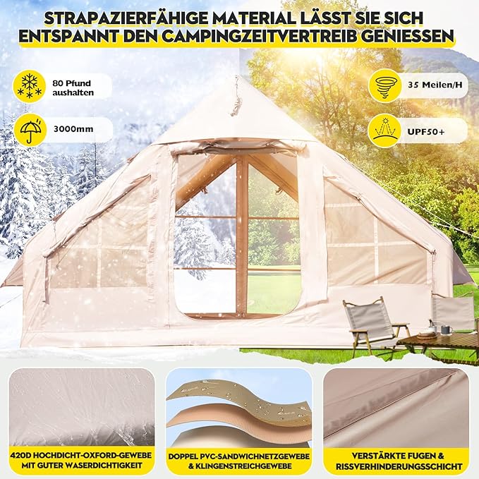 Aufblasbares Campingzelt Unterstand für 2–4 Personen 4-Jahreszeiten-Zelt 300 x 210 x 200 cm – 5