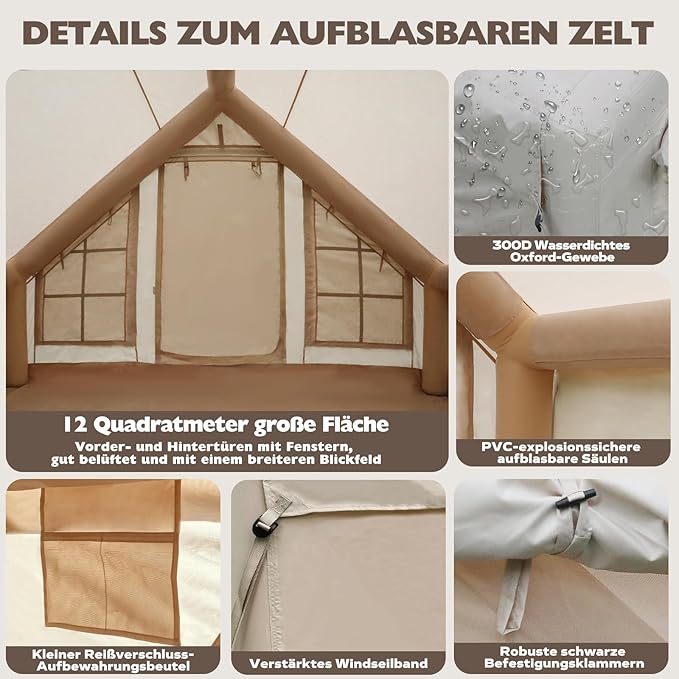 Glampingzelt aufblasbar 400 x 300 x 210 cm aufblasbares Campingzelt für 4–8 Personen großes Outdoor – 3