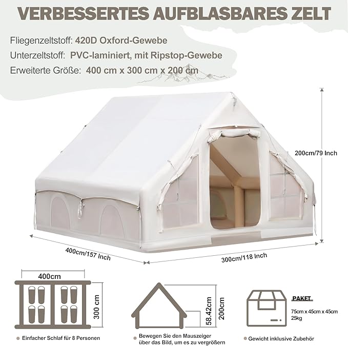 Glampingzelt aufblasbar 400 x 300 x 210 cm aufblasbares Campingzelt für 4–8 Personen großes Zelt – Thumbnail 7