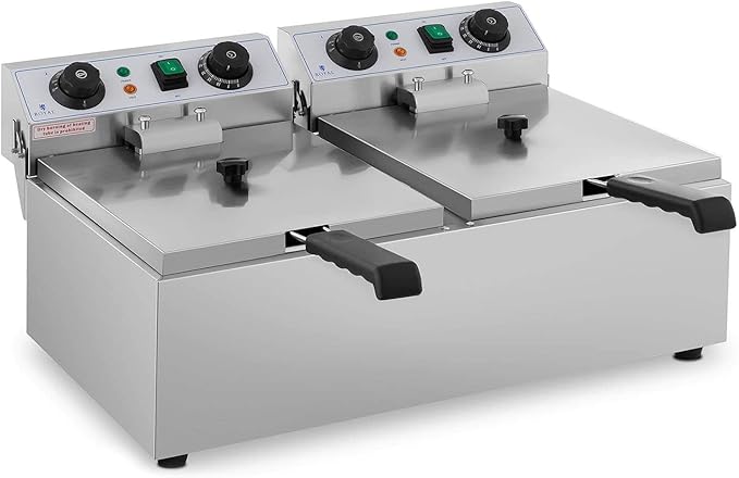 Doppelfritteuse Fritteuse 2 x 3200 Watt 2 x 10 Liter 50 – 200°C Kaltzonen mit Timer bis 60 Minuten – 3