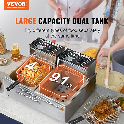 Elektrische Fritteuse aus Edelstahl 24 l Doppeltank-Fritteuse 2 x 1500 Watt inkl. 2 Frittierkörbe – 3
