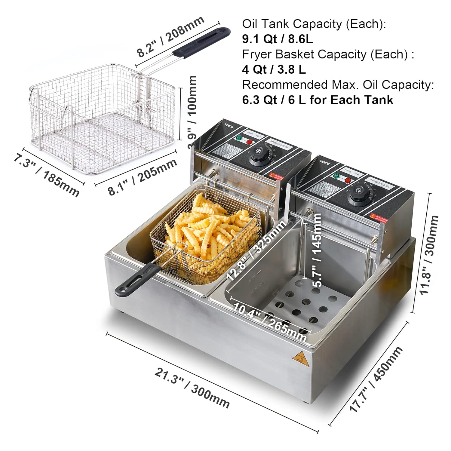 Elektrische Fritteuse aus Edelstahl 24 l Doppeltank-Fritteuse 2 x 1500 Watt inkl. 2 Frittierkörbe – Thumbnail 9