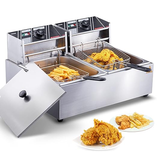 Elektrische Fritteuse aus Edelstahl 24 l Doppeltank-Fritteuse 2 x 1500 Watt inkl. 2 Frittierkörbe