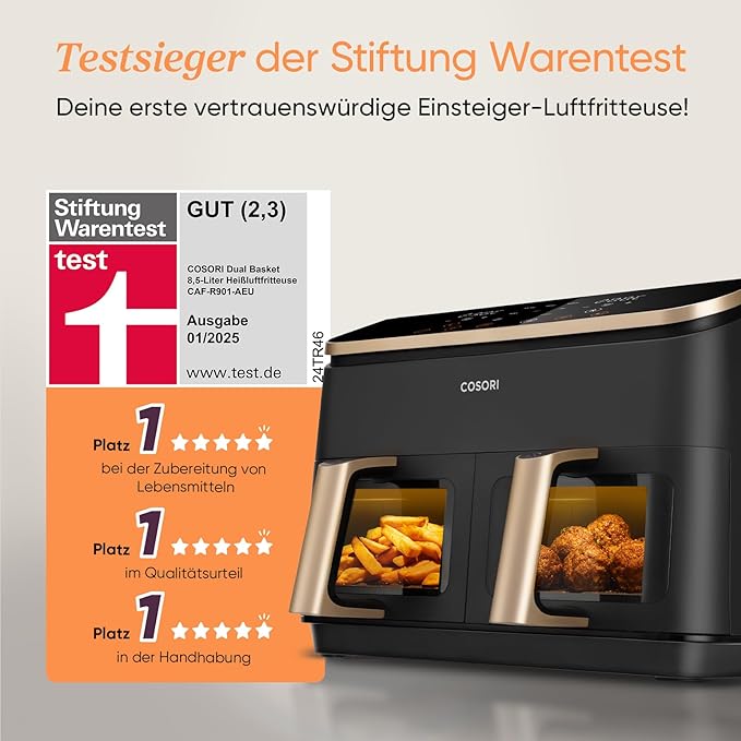 Heißluftfritteuse gold 2 Fächer 6-in-1 Dual Zone XXL 8,5 L zwei Kammern mit Sichtfenster – 4