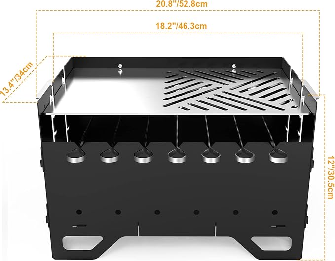 Schaschlinkgrill mobiler Mangal Holzkohlegrill BBQ mit Plancha-Grillplatte und 7 Spießen 2-in-1 – 2