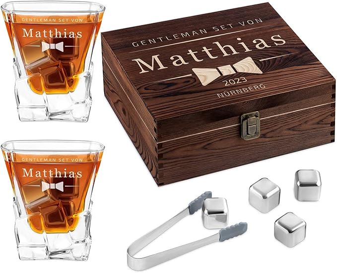 Whiskysteine Set in Holzbox 8 Eiswürfel widerverwendbar Edelstahlzange 2 Whiskygläser Samtbeutel