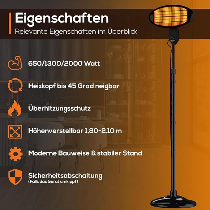 Wärmestrahler Infrarotstrahler Standheizstrahler Terrassenheizer 2000 Watt Terrasse Heizstrahler
