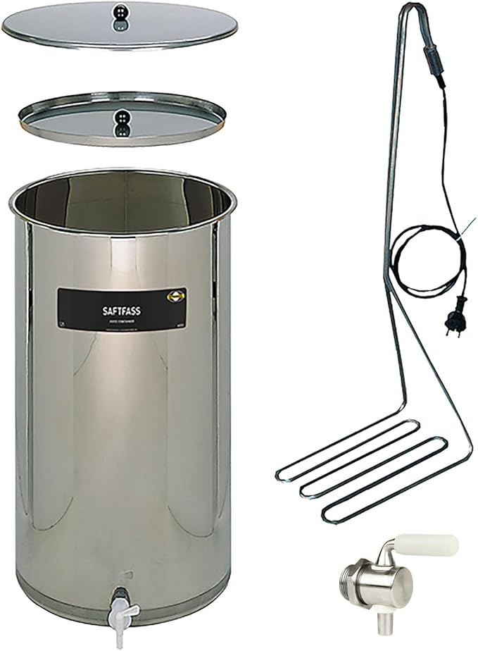 Saftfass Edelstahlfass Pasteurisierer Saft 65 Liter mit Tauchsieder und Edelstahl V2A Zapfhahn