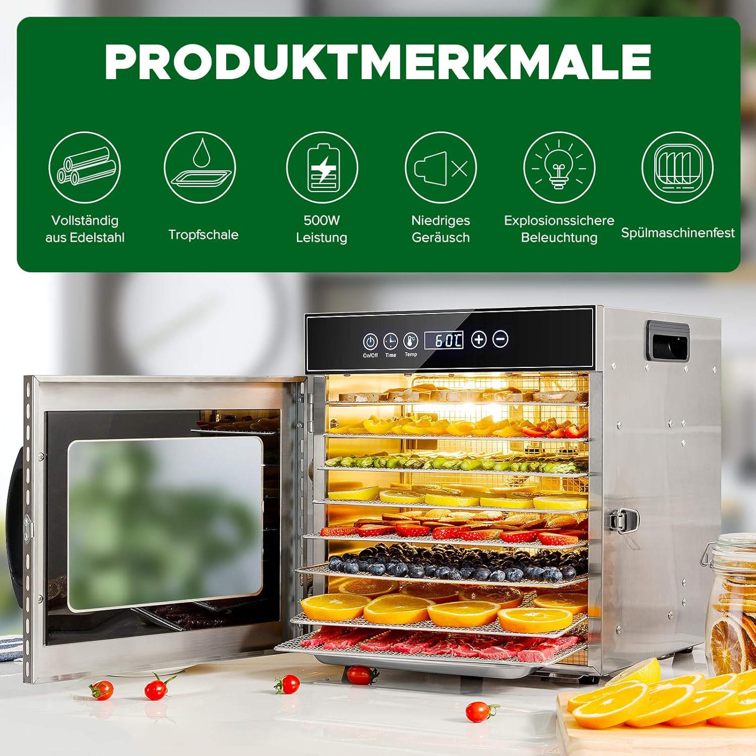 Dörrgerät trocknen entsaften von Obst Früchten Gemüse u.a. Edelstahl 500 Watt 10 Stufen mit 30-90°C – 5