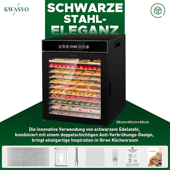 Dörrautomat 1000 Watt aus Edelstahl 12 Stufen schwarz 30-90°C Temperaturregelung 24-Stunden-Timer – 3