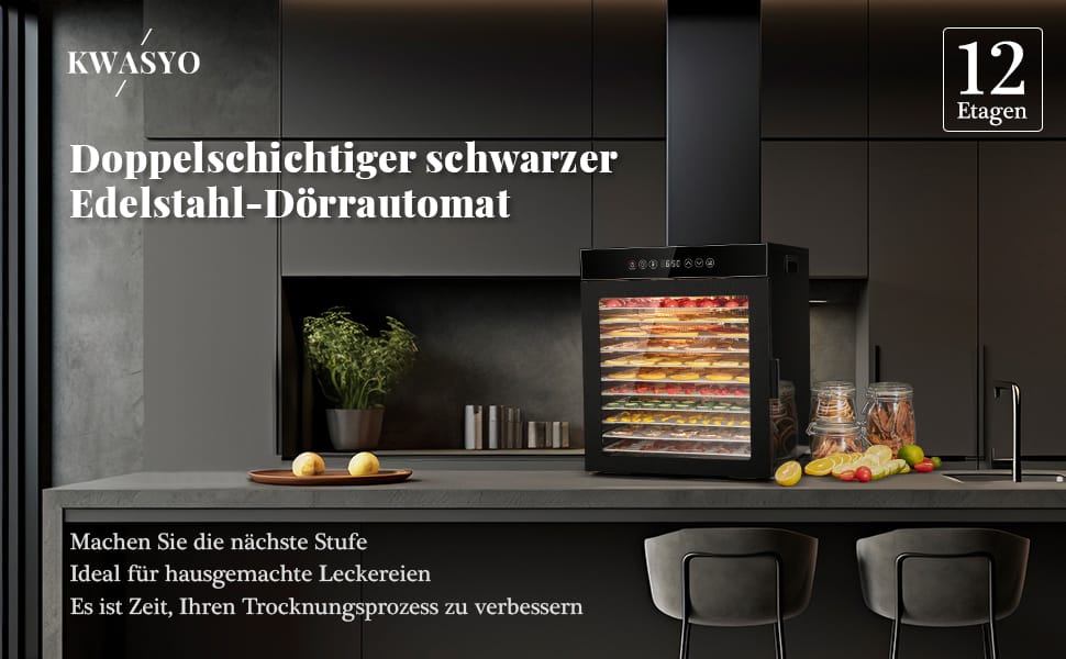 Dörrautomat 1000 Watt aus Edelstahl 12 Stufen schwarz 30-90°C Temperaturregelung 24-Stunden-Timer – Thumbnail 7