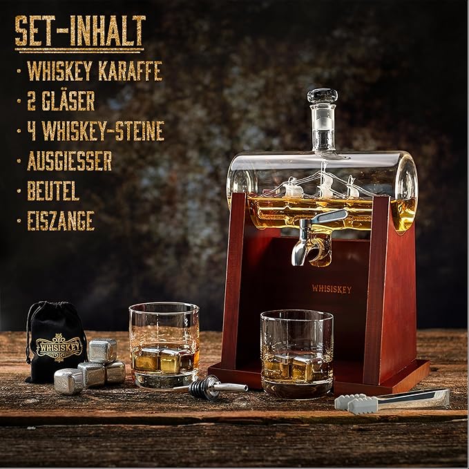 WHISKEY Karaffen-Set Whisky Schiffskaraffe 1100 ml 2 Whiskygläser 4 Whiskysteine edel servieren