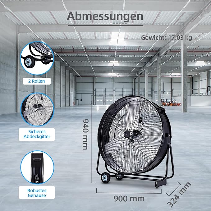 Industrie-Windmaschine Trommelventilator Bodenventilator 75 cm mobil  300 Watt Vollkupfermotor