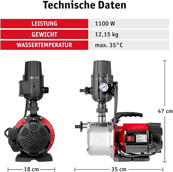 Hauswasserautomat Hauswasserwerk 1100 W Wasserpumpe Trockenlaufschutz Wasserversorgung Brunnen – 2