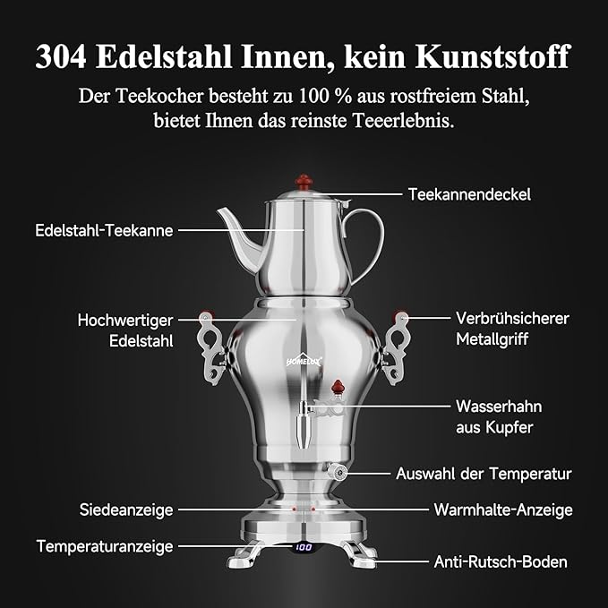 Türkischer Teekocher Wasserkocher elektrisch Samoware Edelstahl 1850 Watt Teemaschine 2,5 L + 1,2 L – 4