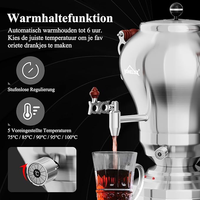 Türkischer Teekocher Wasserkocher elektrisch Samoware Edelstahl 1850 Watt Teemaschine 2,5 L + 1,2 L – Thumbnail 6