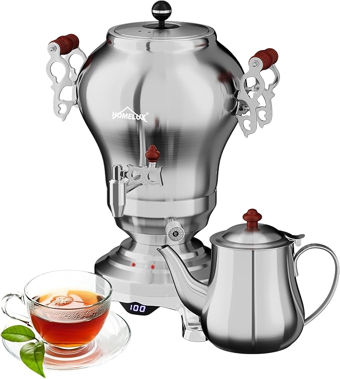 Türkischer Teekocher Wasserkocher elektrisch Samoware Edelstahl 1850 Watt Teemaschine 2,5 L + 1,2 L
