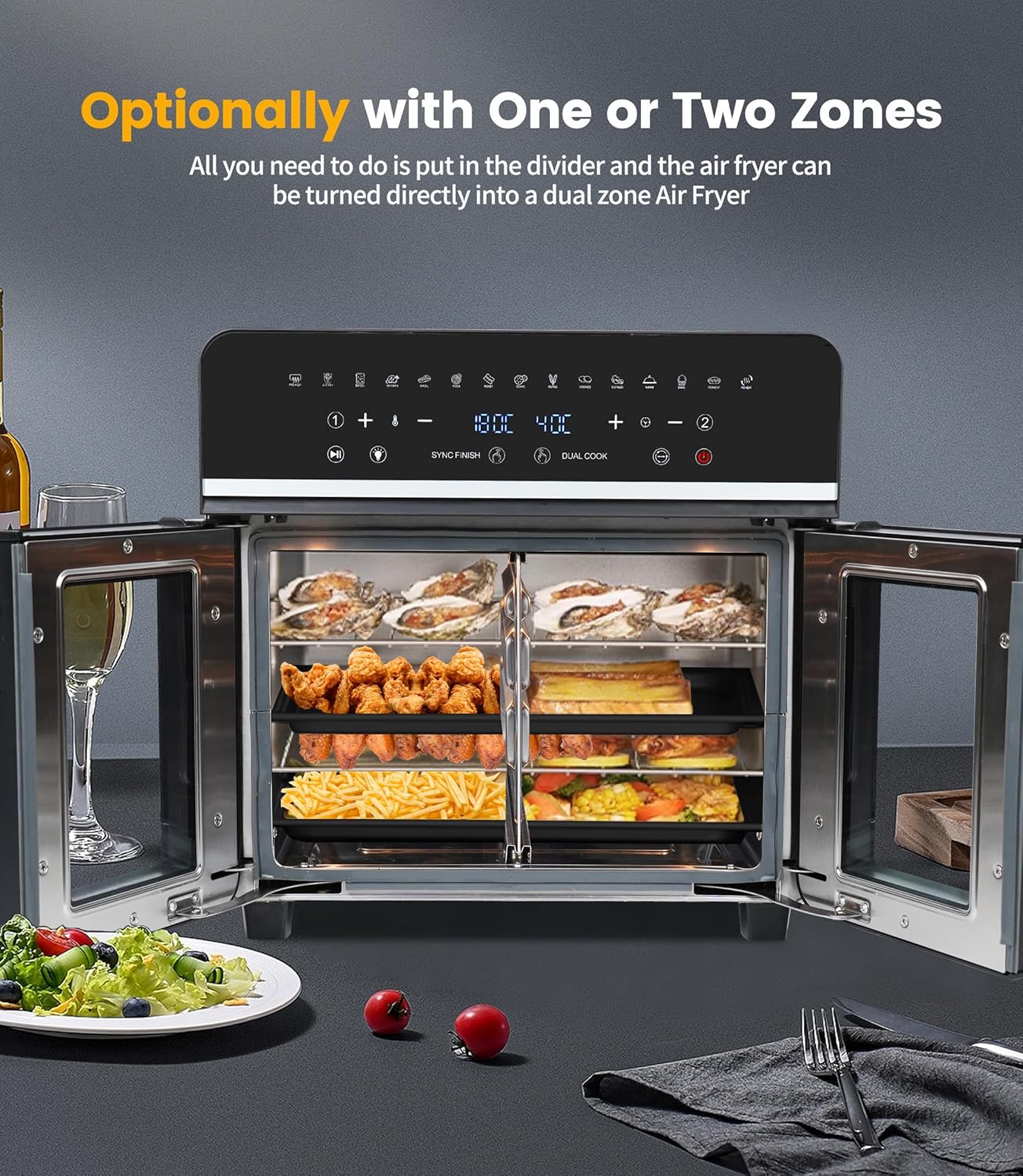 Heißluftfritteuse 23 L Minibackofen Multikocher Dual Zone XXL 1800 W LED-Touchscreen 15 Programme – Thumbnail 6