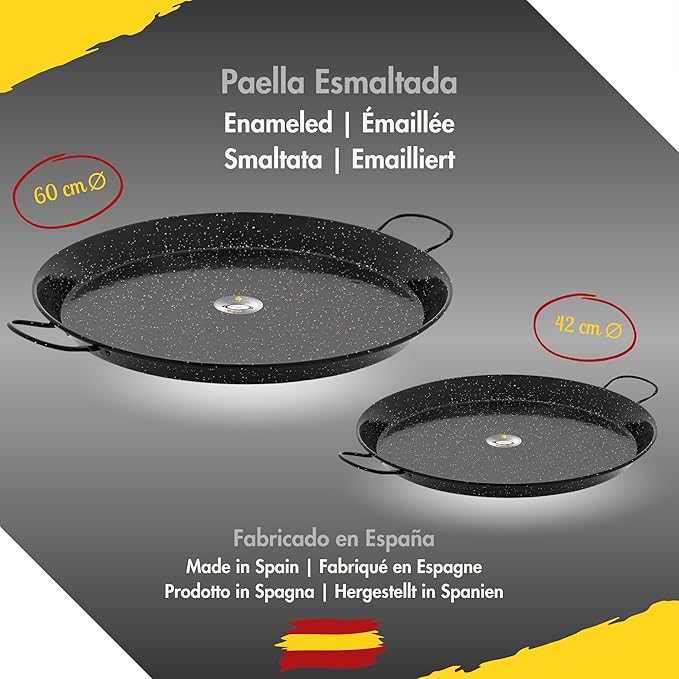 Paella-Brenner-Set Paella-Pfanne 2 Grillpfannen Omelettpfanne Butangas emailliert 60 cm + 42 cm – Thumbnail 7