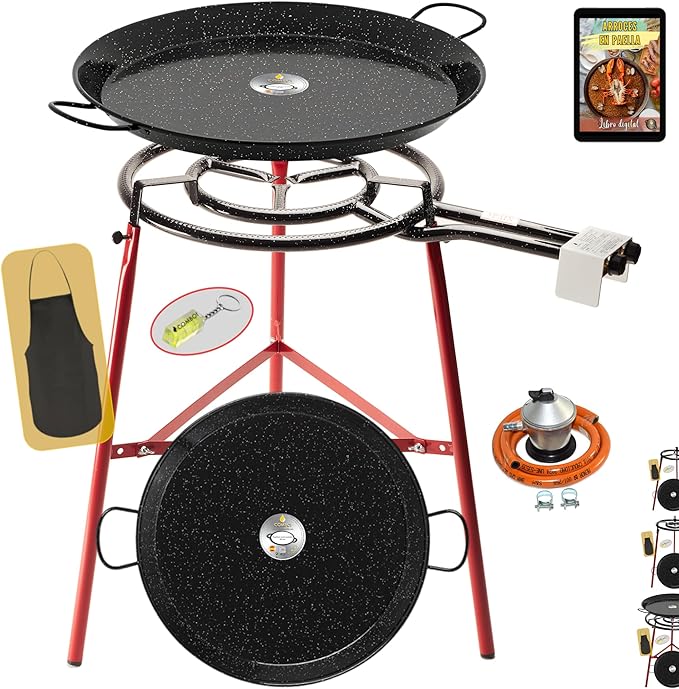 Paella-Brenner-Set Paella-Pfanne 2 Grillpfannen Omelettpfanne Butangas emailliert 60 cm + 42 cm