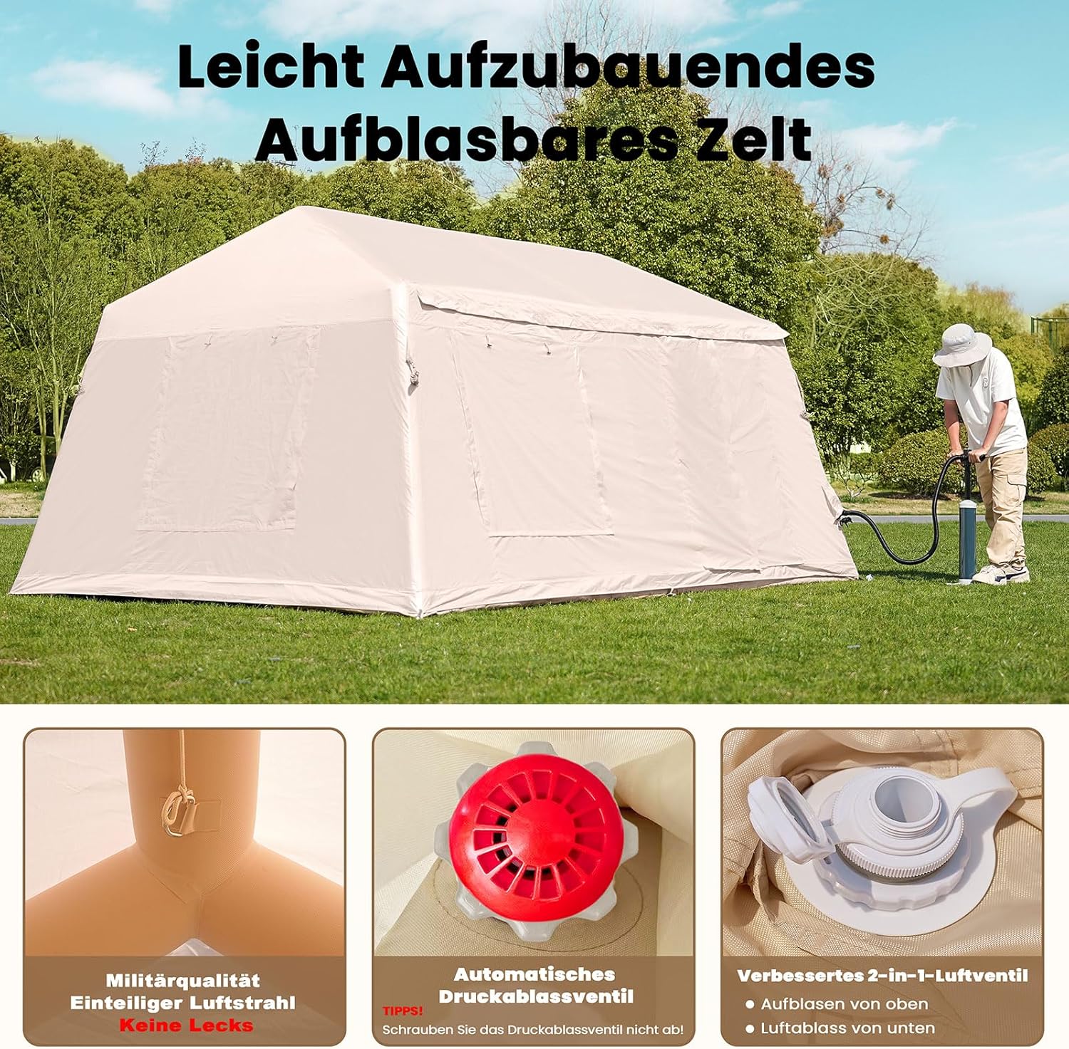 Zelt aufblasbar 8 Personen Camping Outdoor Campingzelt aufblasbares Glampingzelt wasserdicht – Thumbnail 7
