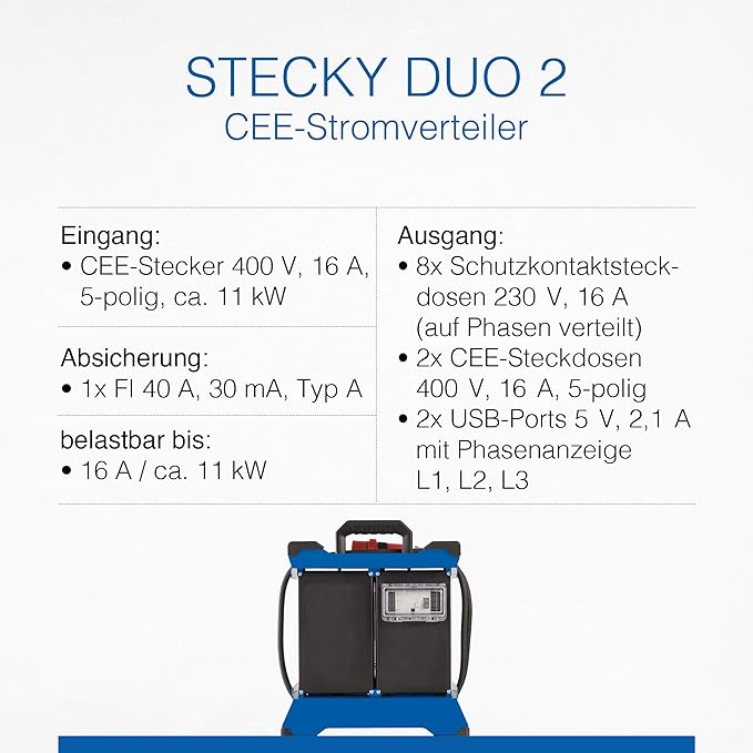 Stromverteiler Baustromverteiler Stromstation tragbar 2 CEE Stecker 400V/16A/5polig – 8 x Schuko – 4