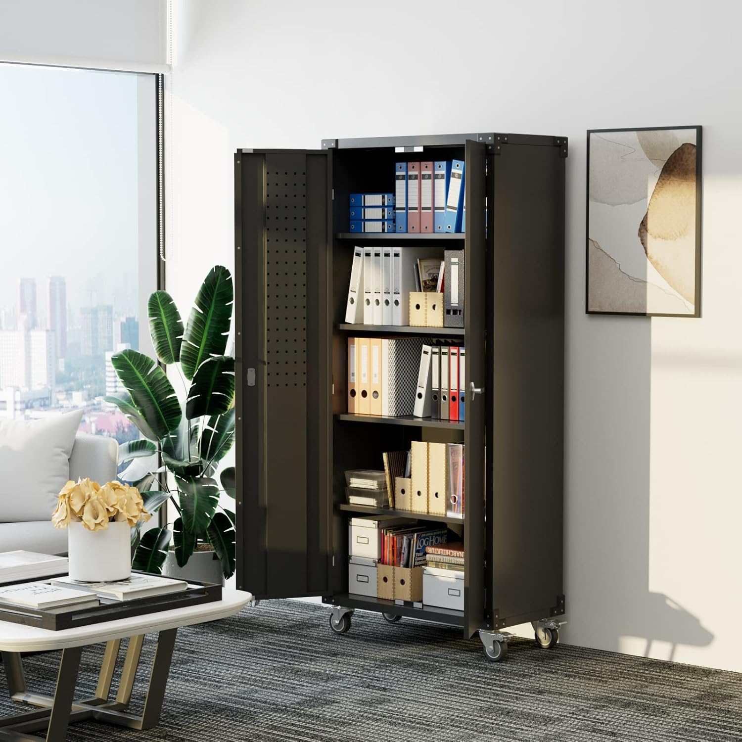 Metallschrank Stahlschrank Messeschrank Wertschrank Räder Pegboard abschließbar 4 höhenverstellbar – 2