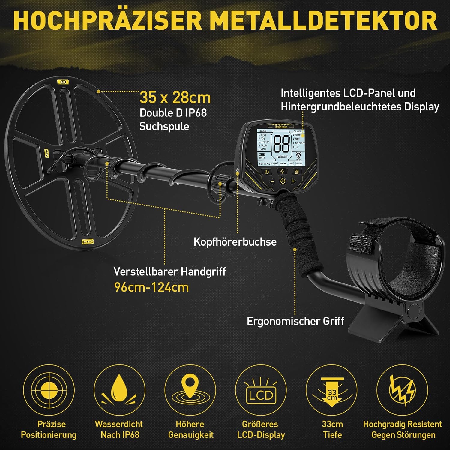Goldsucher 14 Zoll Metalldetektor Goldsuchgerät Metallsuchgerät Suchgerät Bodenmetallsucher wasserd – Thumbnail 6