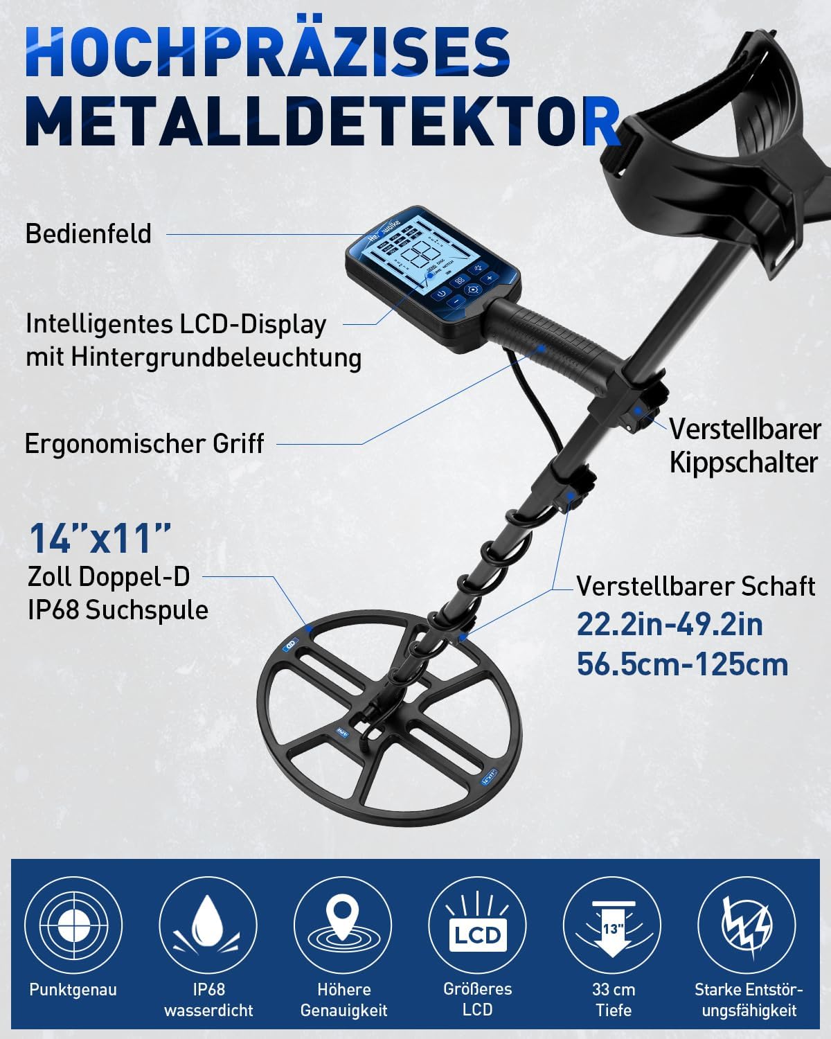 Detektor Metalldetektor Professional 14“ Metallsucher wasserdichter & breiter Scanbereich DD-Suche – Thumbnail 11