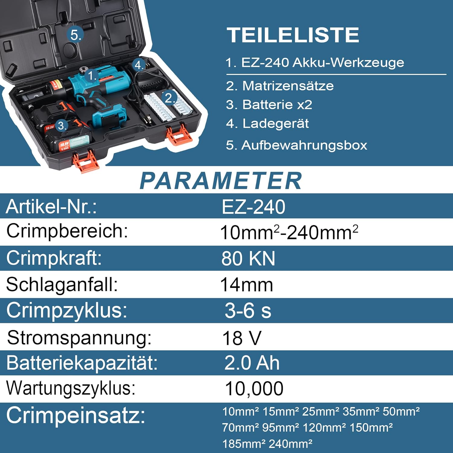 Crimpzange Kabelschuhpresse Crimpmaschine elektrisch wiederaufladbar hydraulisch tragbar 18V Lithium – 3