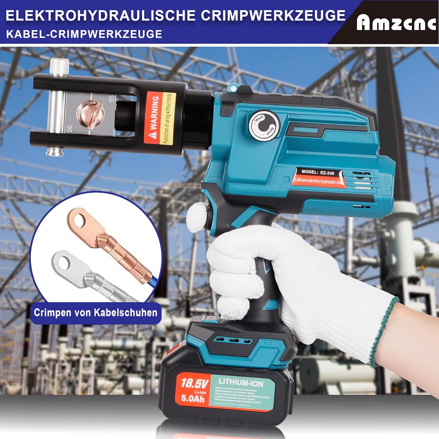 Crimpzange Kabelschuhpresse Crimpmaschine elektrisch wiederaufladbar hydraulisch tragbar 18V Lithium – Thumbnail 6