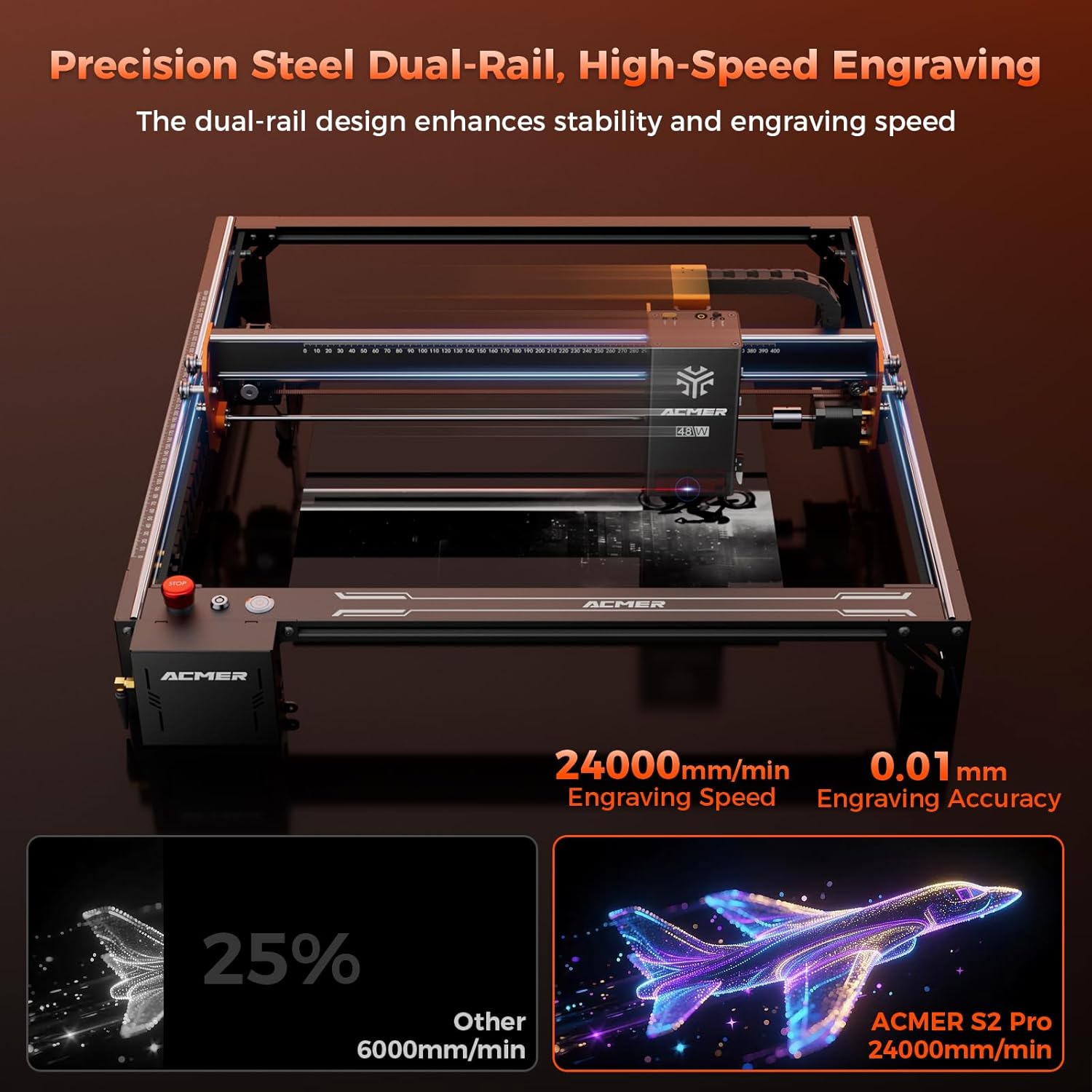 Gravur Maschine Laser Graviermaschine 48 W Lasergravierer Laser Cutter 24000 mm/min duale Linear – Thumbnail 6