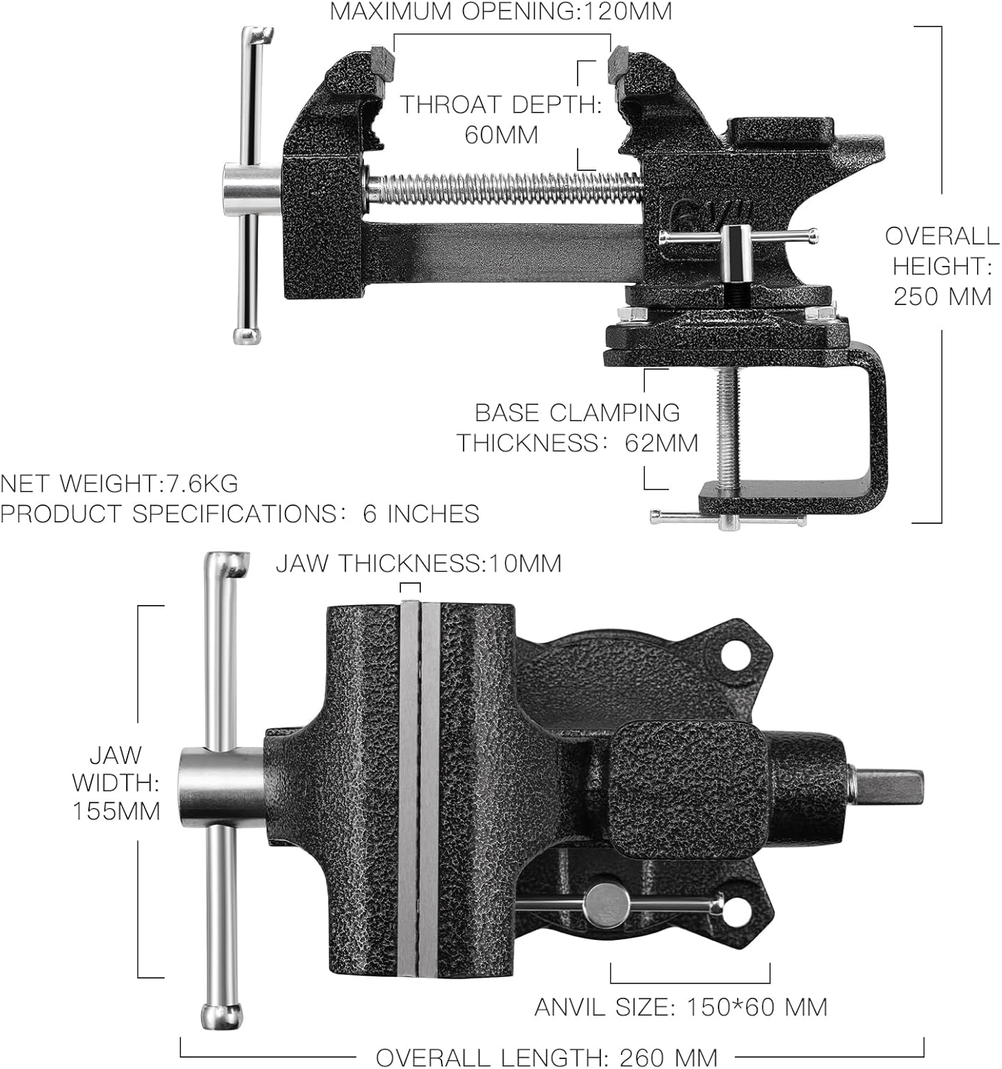 Schraubstock Tischraubstock Schraubzwinge 150 mm drehbar 270° Werkbank maximale Öffnung 115 mm – 3
