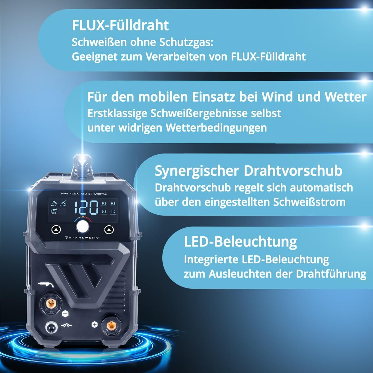 Schweißgerät Mini FLUX 120 ST Digital Fülldrahtschweißen (FLUX) ohne Schutzgas bis 120 A kompakt – Thumbnail 8