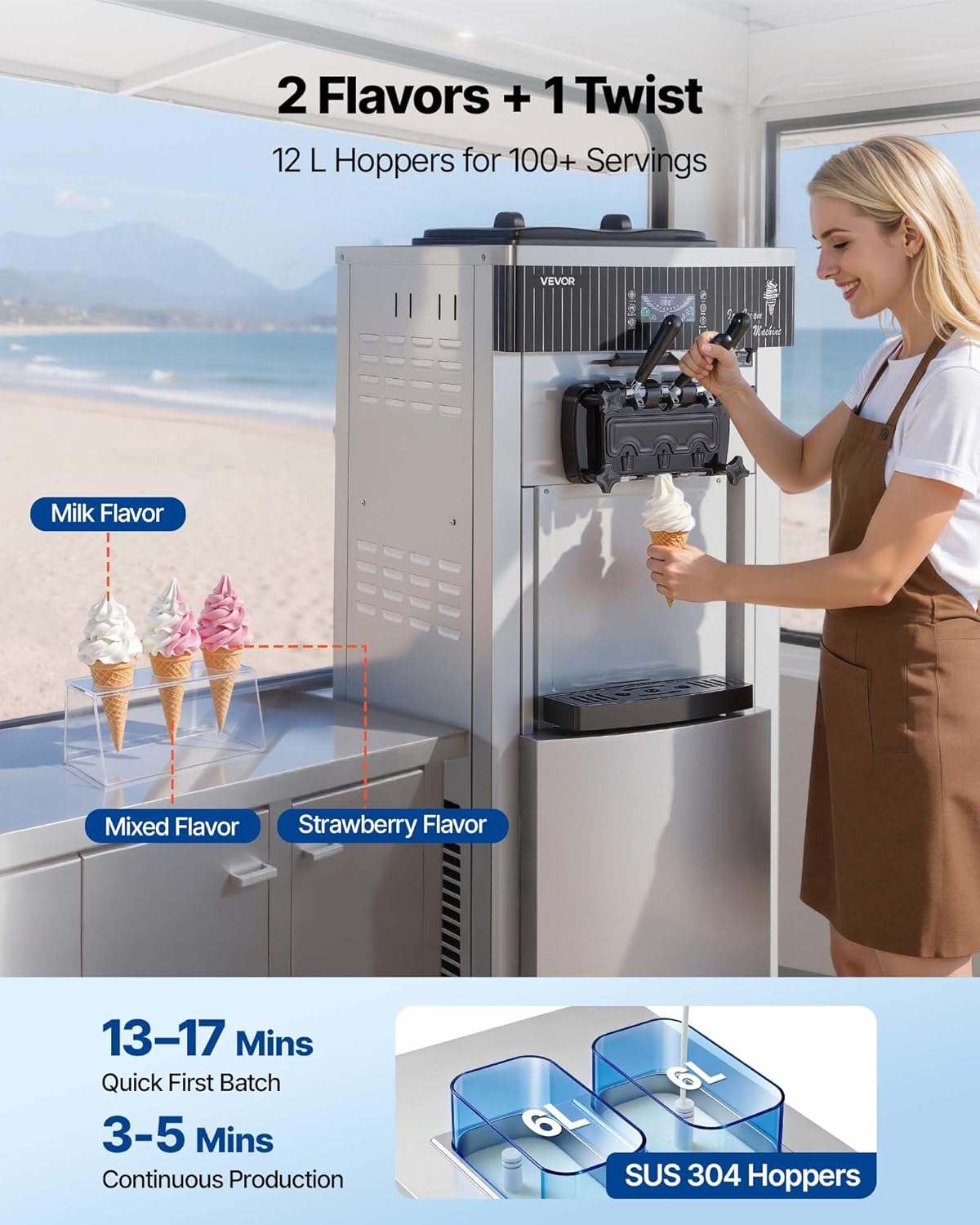 Kommerzielle Softeismaschine 2200 W Eismaschine freistehend 20-28 L/h 3 Geschmacksrichtungen – Thumbnail 11