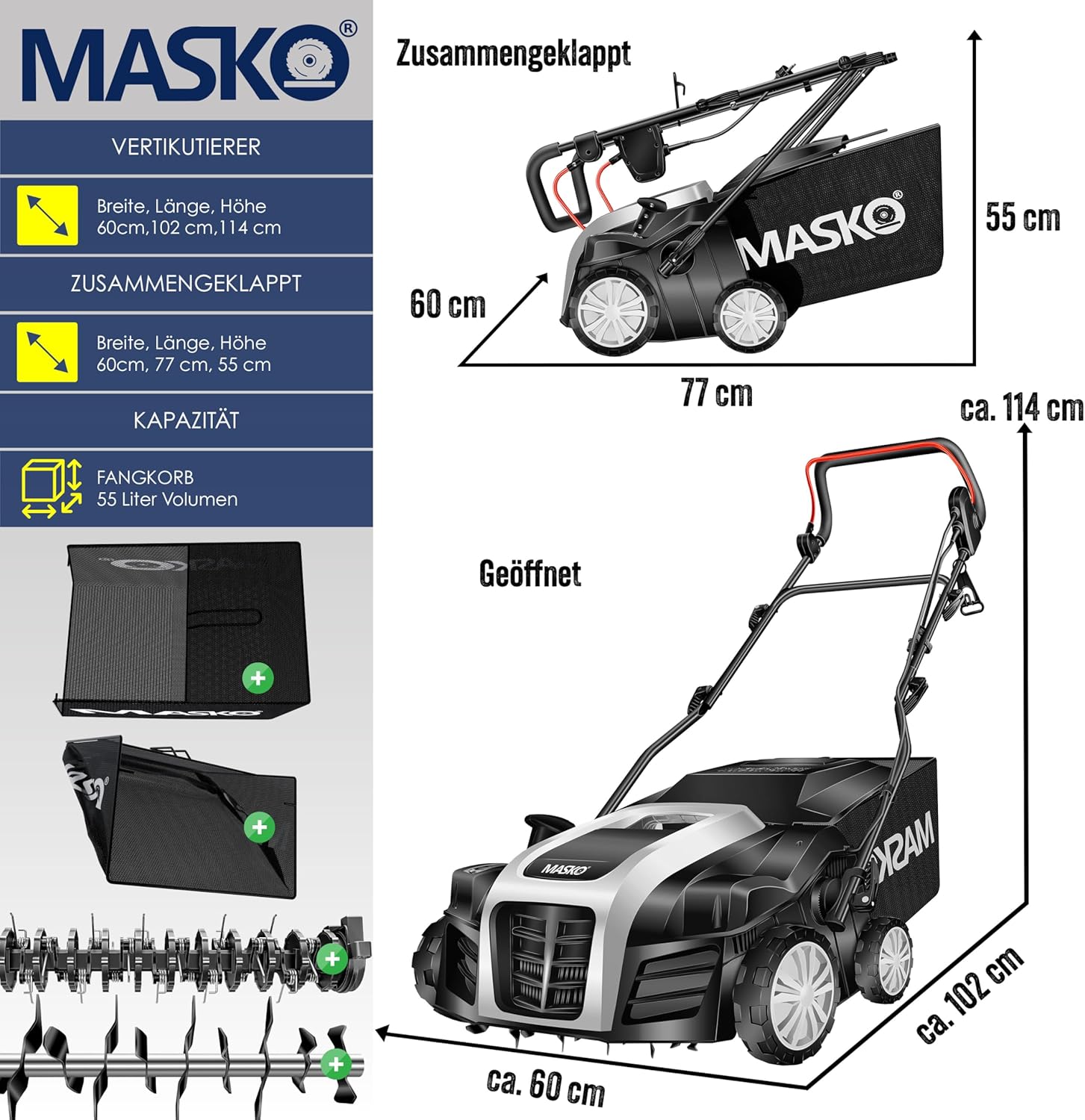 Vertikutierer 2 in 1 Elektro Rasenlüfter 1800 W 40 cm Arbeitsbreite 55 L Fangkorb mit Lüfterwalze – 2