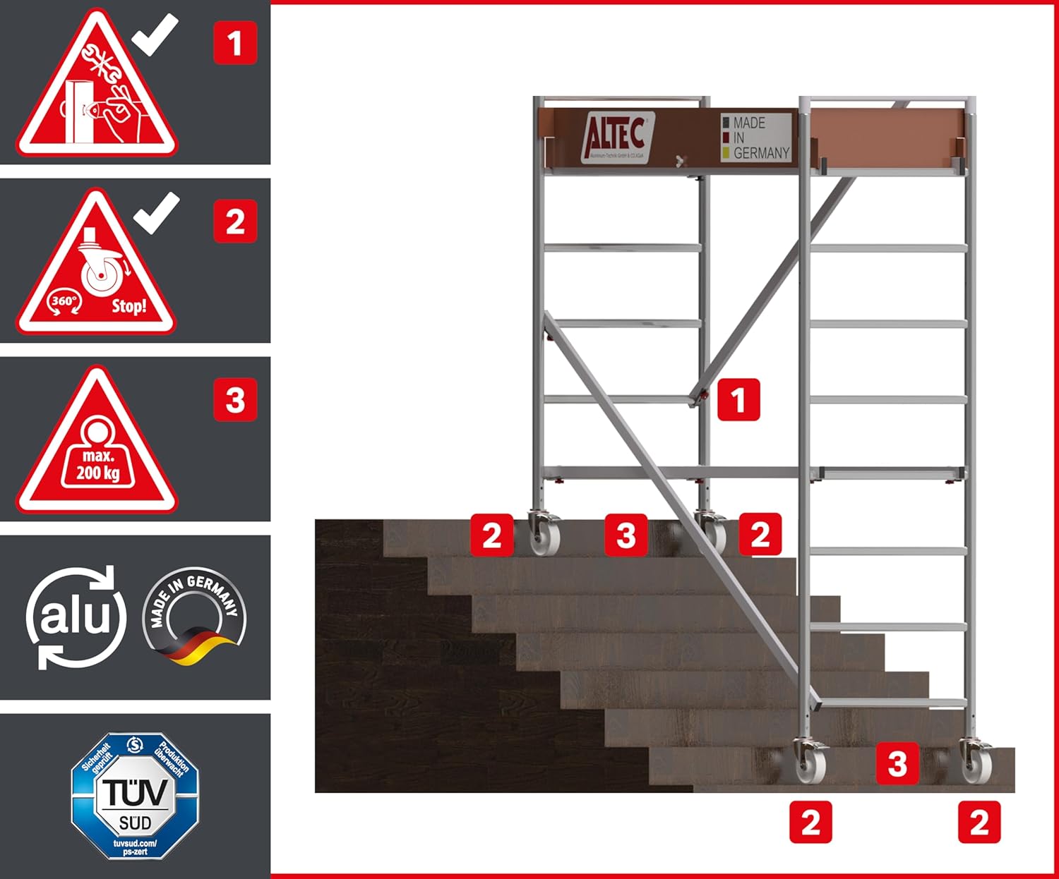 Treppengerüst Arbeitshöhe 9,1m 4 gebremste Lenkrollen TÜV Traglast 200kg/m² Alu Rollgerüst Baugerüst – 3