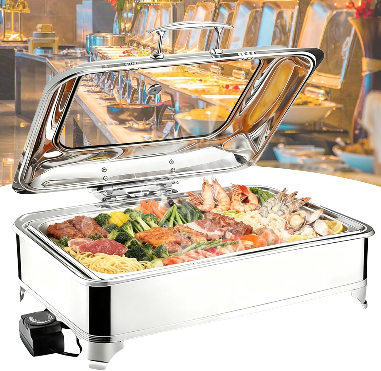 Elektrischer Speisewärmer 1/1 Chafing Dish Glasdeckel 9L Wärmebehälter Buffet Edelstahl Buffetwärmer