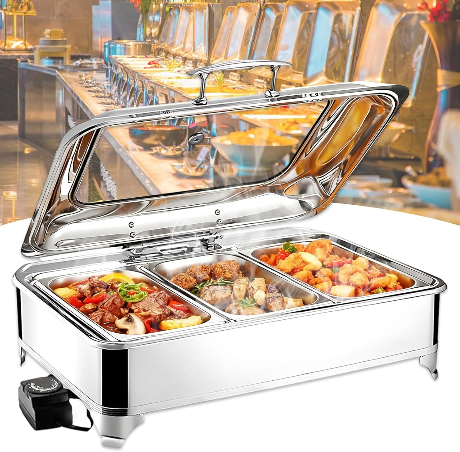 Elektrischer Speisewärmer 1/3 Chafing Dish Glasdeckel 9L Wärmebehälter Buffet Edelstahl Buffetwärmer