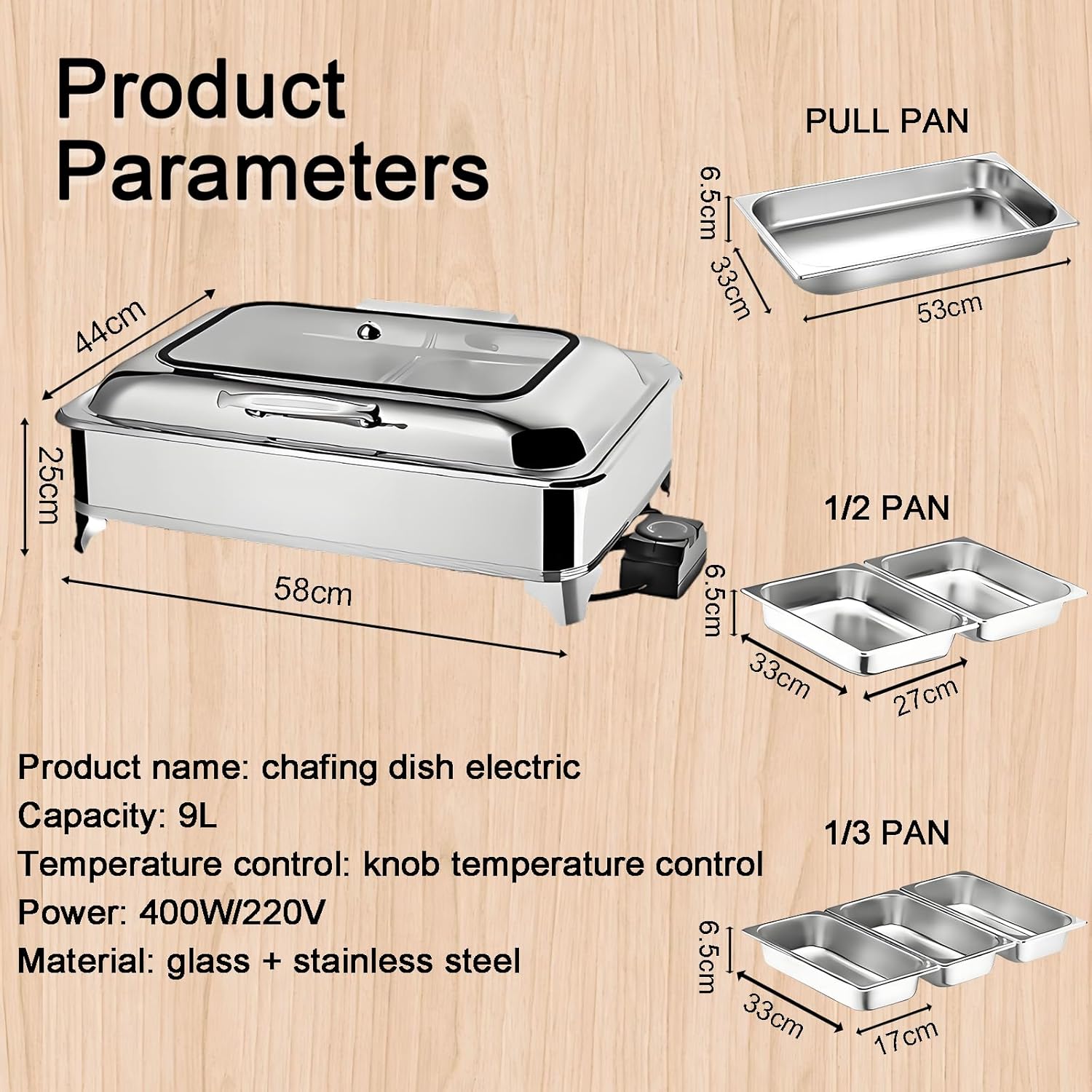 Elektrischer Speisewärmer 1/3 Chafing Dish Glasdeckel 9L Wärmebehälter Buffet Edelstahl Buffetwärmer – Thumbnail 7