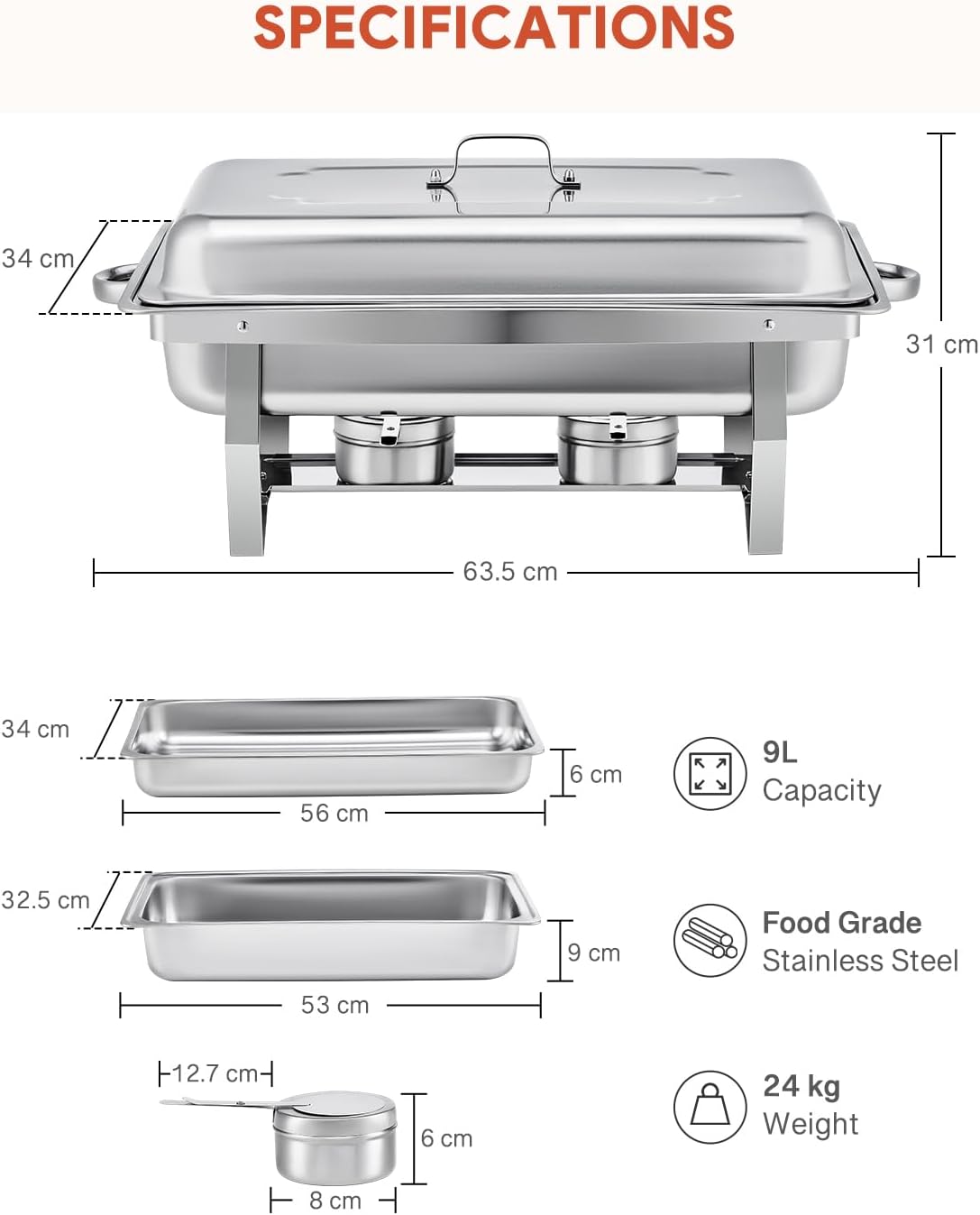 Buffet-Set 6 x 9 L = 54 L Chafing Dish Speisewärmer 6pcs Warmhaltebehälter Wärmebehälter Edelstahl – 3