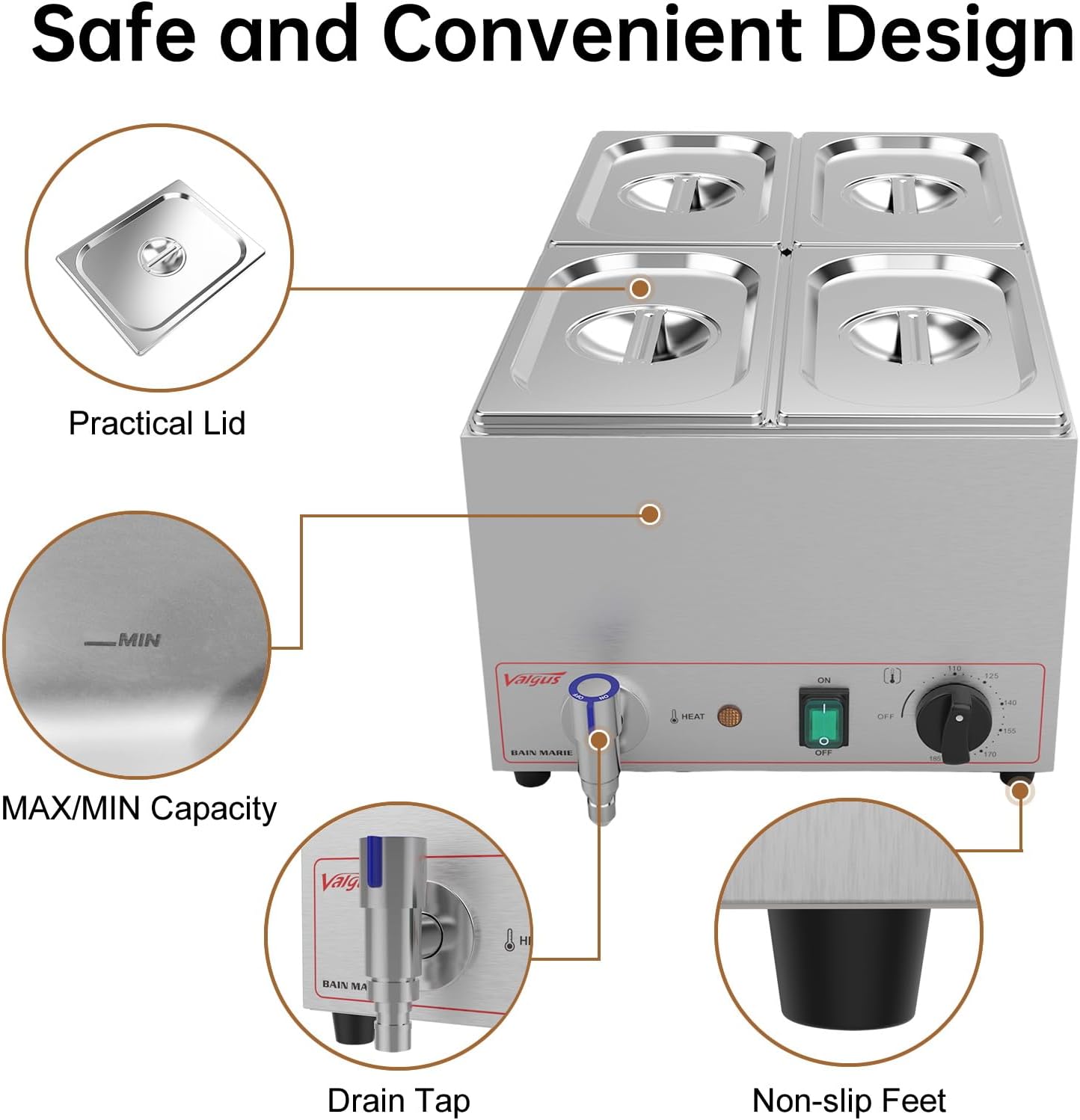 Gewerblicher Speisewärmer 4er Edelstahl Bain Marie 4 Behälter 15 L Buffet professionell Dampftisch – 4