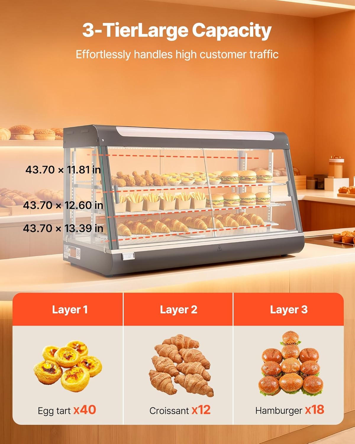 Wärmetheke 180 L 3-stöckig Warmhaltevitrine 1600 W Warmhaltetheke 30–85 °C Speisenwärmer LED-Beleuch – Thumbnail 6