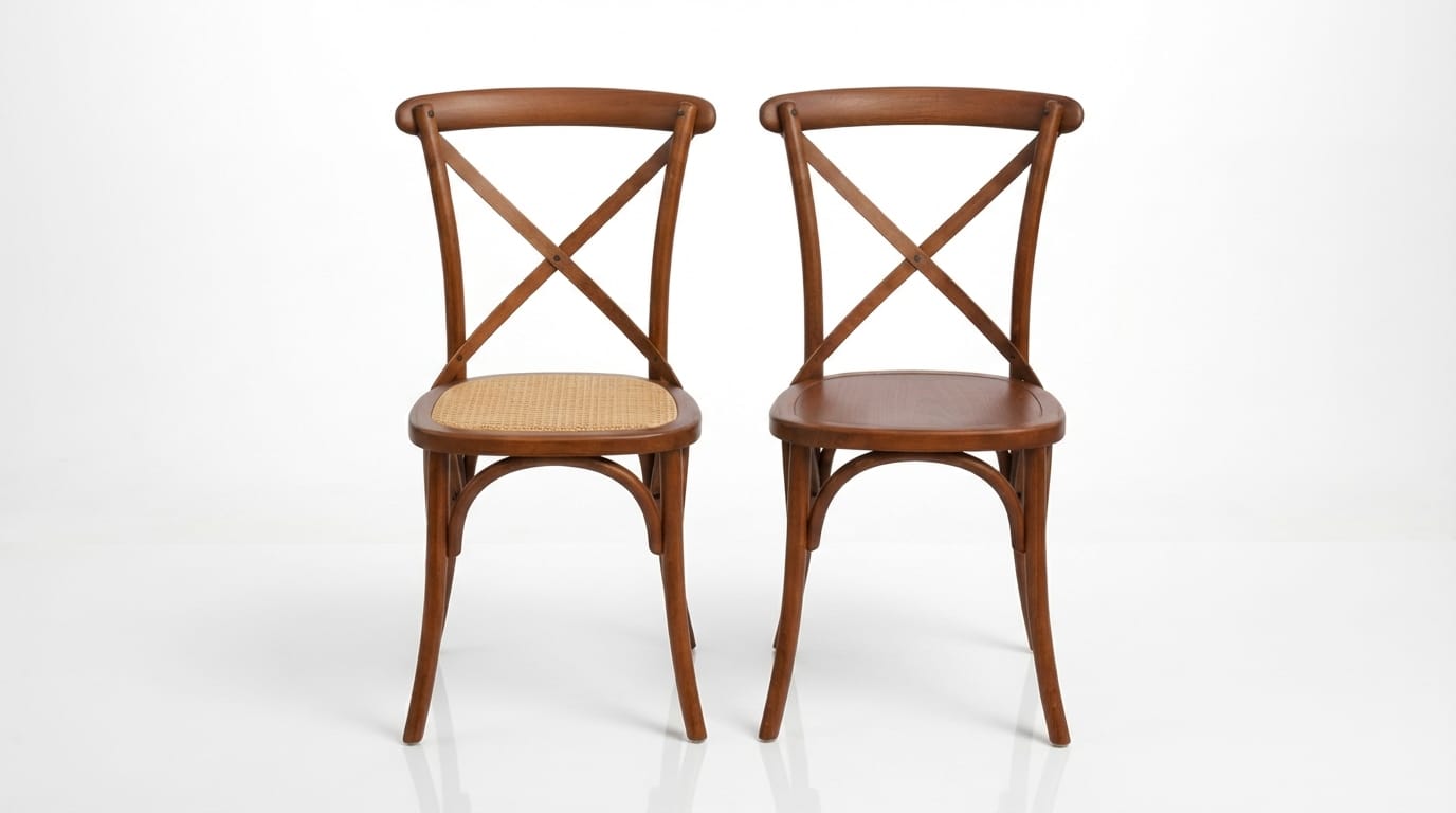 Exklusiver Crossback Stuhl mieten – Rustikaler Holzstuhl für Vintage-Hochzeiten &amp; Events 