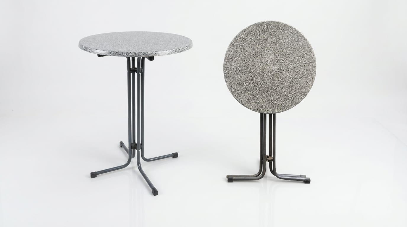 Stehtisch mieten (∅ 80 cm) – Klappbar, grau &amp; wetterfest – Optional mit Husse